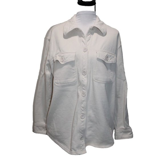 Good American Fleece Lined Collared Button Front Shacket Shirt Cream Ivory 00 - Picture 2 of 7